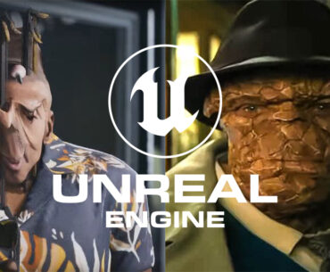 Unreal Engine logo and screenshots from MindsEye and Fantastic Four showing Unreal Engine 5 optimisation problems