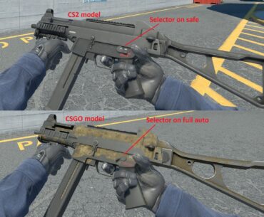 The CS2 UMP model has its fire selector on safe whereas the CSGO model has it correctly on full auto