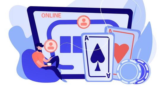 Businessman with smartphone playing poker online and casino table with cards and chips. Online poker, internet gambling, online casino rooms concept. Pinkish coral bluevector isolated illustration