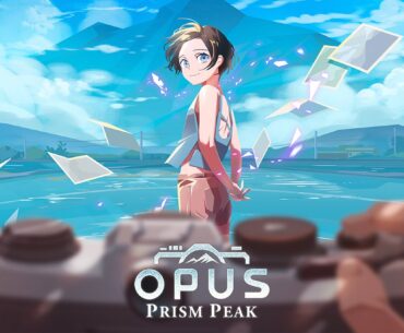 Anime-style illustration of a smiling person standing on water with floating photos around them. A hand holds a camera in the foreground. Blue sky, clouds, and mountains are in the background. Text reads "OPUS Prism Peak.