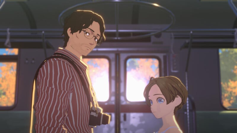 An animated man in glasses and a striped shirt with a camera around his neck stands beside a young girl with short hair inside a sunlit train car, autumn trees visible through the windows behind them.