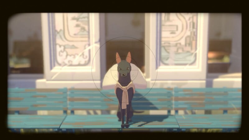 A stylized dog wearing a scarf sits on a blue bench in front of a building, seen through the viewfinder of a camera with focus lines centered on the dog.