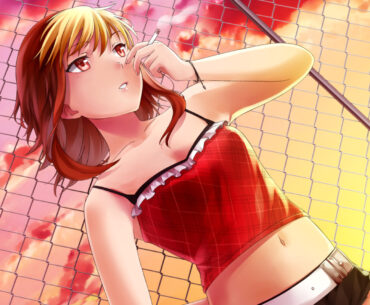 An anime-style drawing of a woman smoking a cigarette in front of a chain-link fence from the adult puzzle game HuniePop