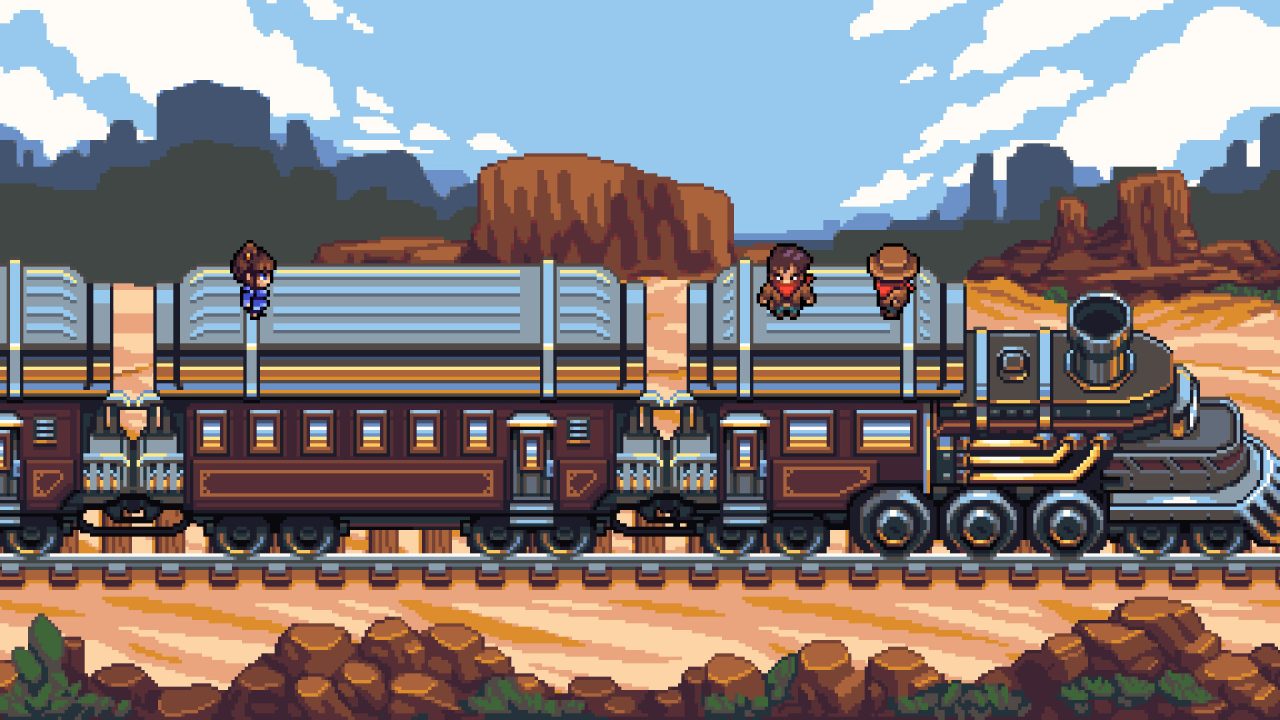 Screenshot of a train robbery being thwarted in Quartet. one of the RPGs coming this week