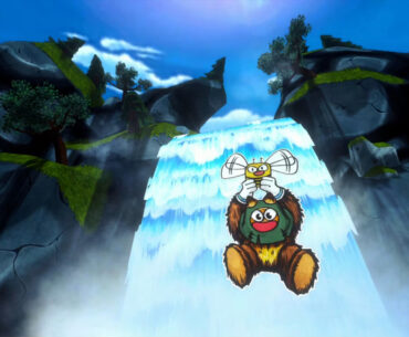 Ruffy using his buddy Pip to glide down a waterfall, getting ready for adventure!