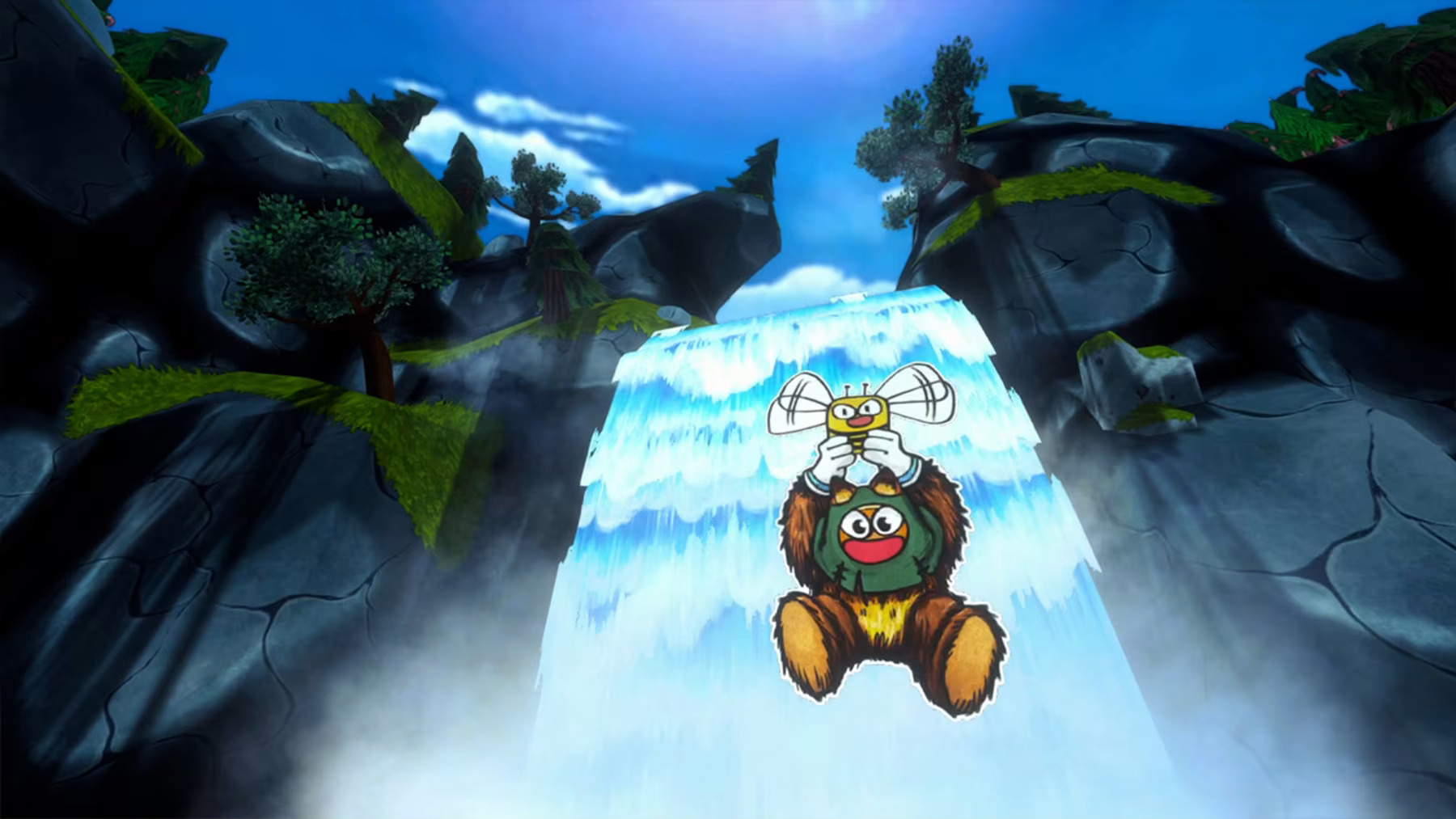Ruffy and the Riverside Review – Freedom of Expression Ruffy using his buddy Pip to glide down a waterfall, getting ready for adventure!