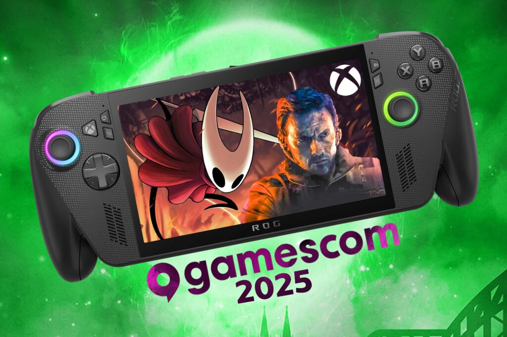 An Xbox Ally X floating over a green background with Silksong displayed on the screen along with the protagonist from Call of Duty: Black Ops 7. It says "Gamescom 2025" underneath the handheld.