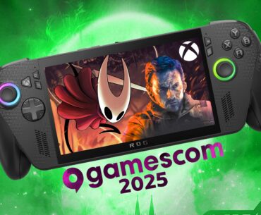 An Xbox Ally X floating over a green background with Silksong displayed on the screen along with the protagonist from Call of Duty: Black Ops 7. It says "Gamescom 2025" underneath the handheld.