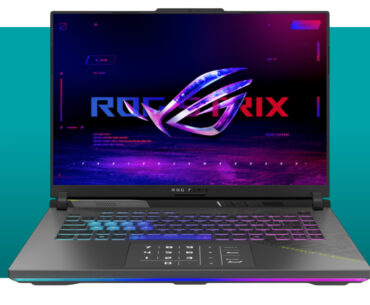 Asus gaming laptop on a blue background.
