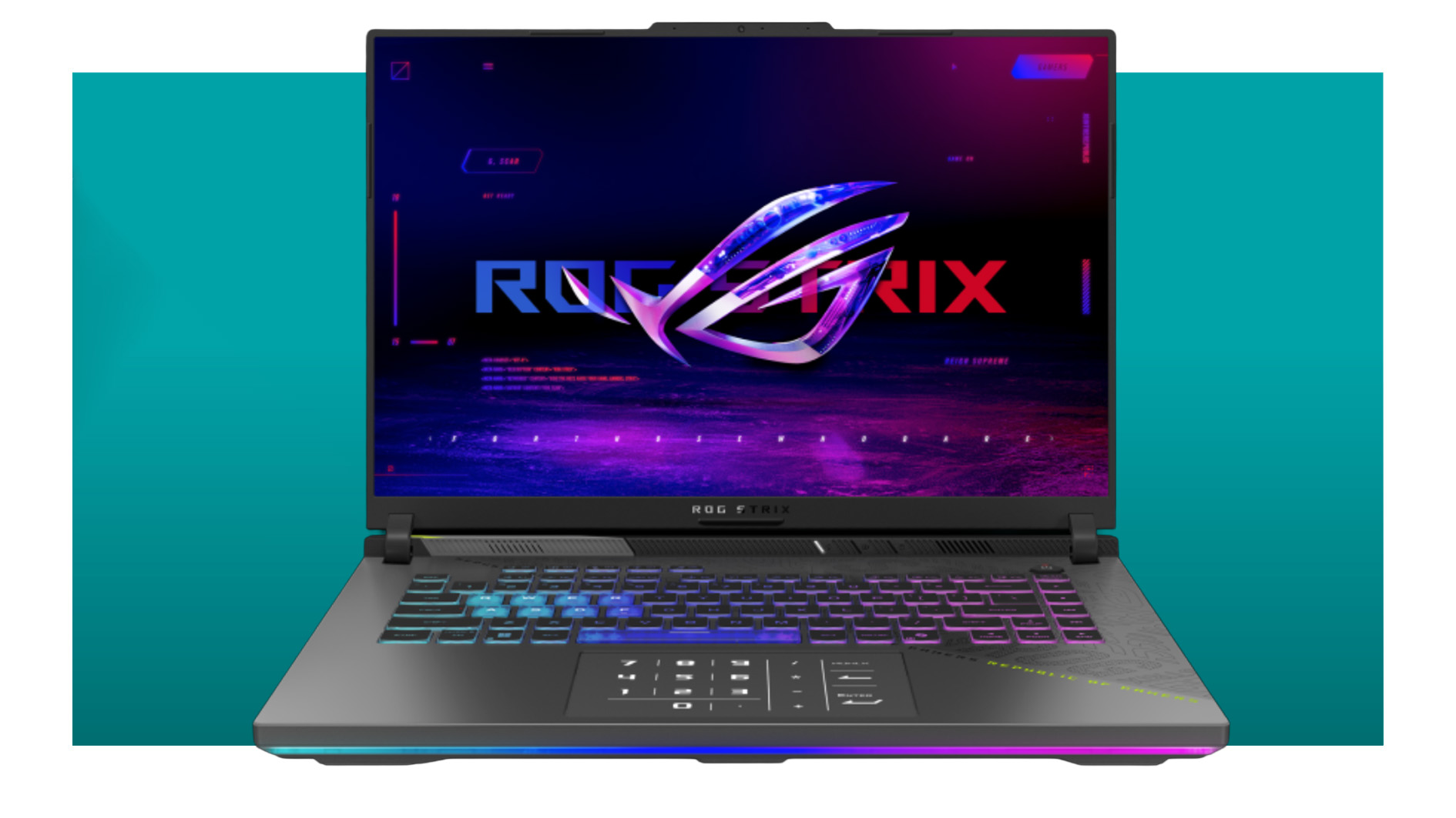 This ROG Strix G16 with an RTX 5070 Ti is on sale for less than some RTX 5070 gaming laptops in the Labor Day sales Asus gaming laptop on a blue background.