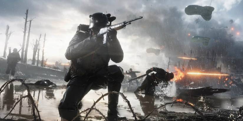 A Battlefield 1 gameplay still of a soldier aiming their gun in the middle of war.