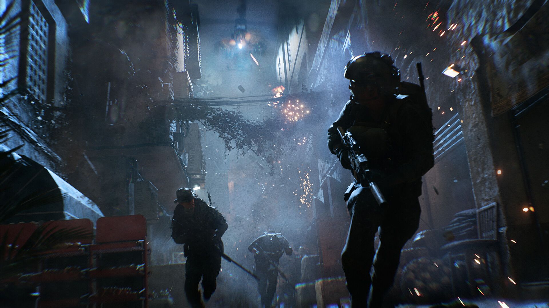Two soldiers fleeing a helicopter in a cramped Cairo alley