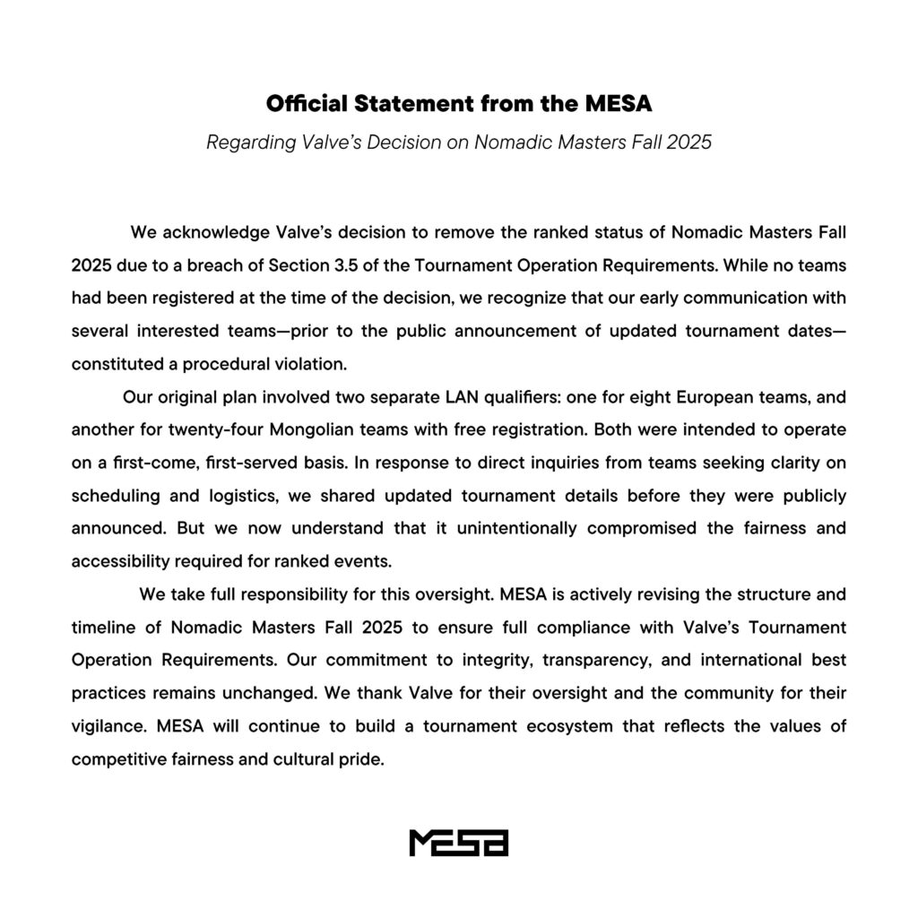 MESA statement regarding Valve's decision on Nomadic Masters Fall 2025