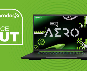 gigabyte Aero X16 on green background with price cut text overlay