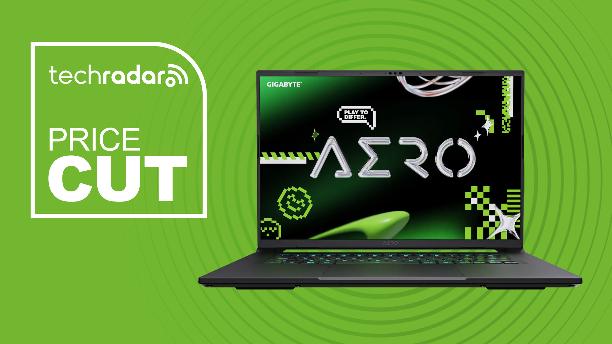 Best Buy’s latest gaming laptop deals offer up to $450 off the latest RTX 5070 and 5060 models gigabyte Aero X16 on green background with price cut text overlay