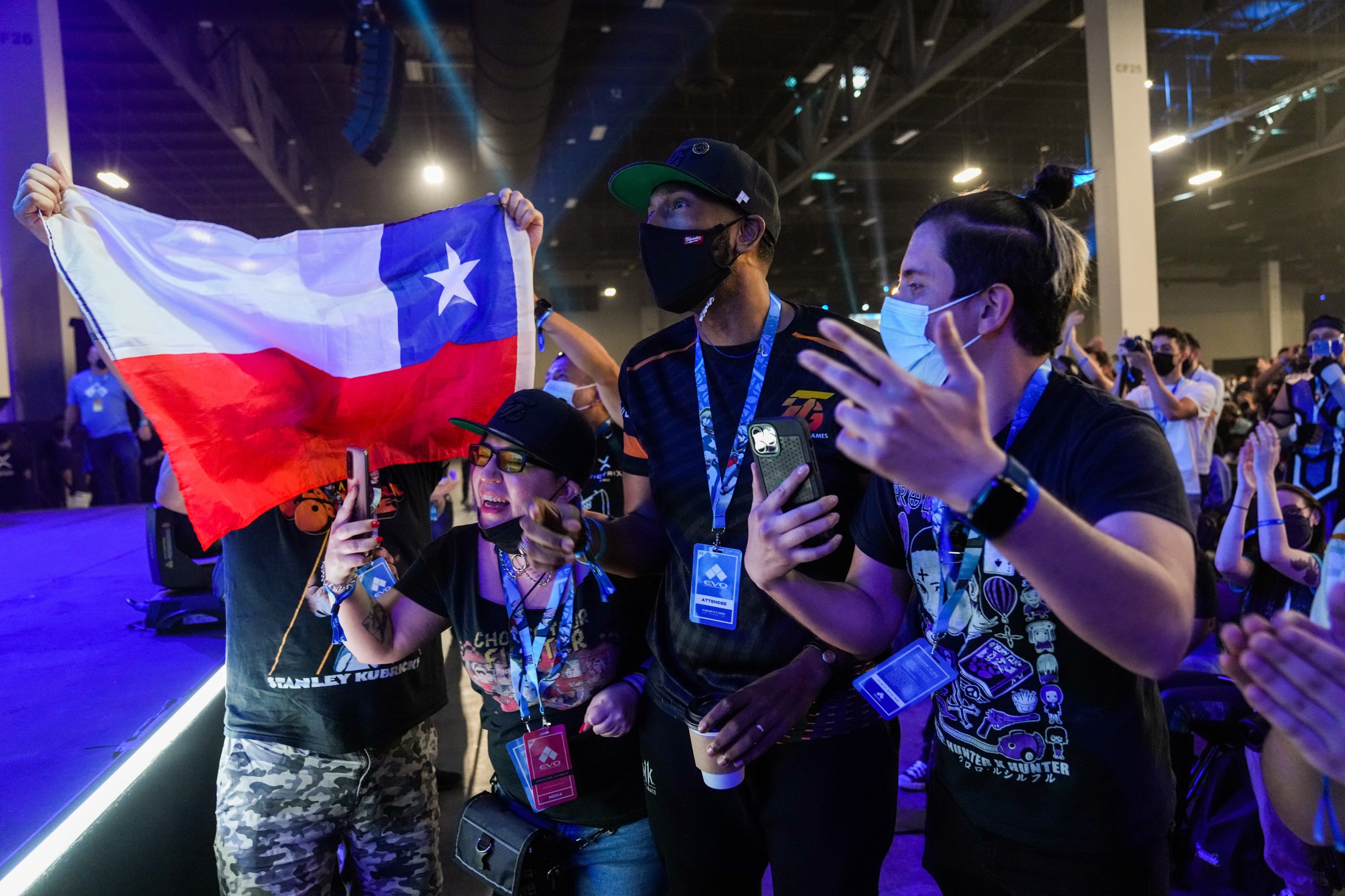 LAS VEGAS, NEVADA - AUGUST 06: Fans cheer on Matias “Scorpionprocs” Martinez after the EVO 2022 Mortal Kombat 11: Ultimate tournament at Mandalay Bay Resort and Casino on August 06, 2022 in Las Vegas, Nevada. (Photo by Joe Buglewicz/Getty Images)