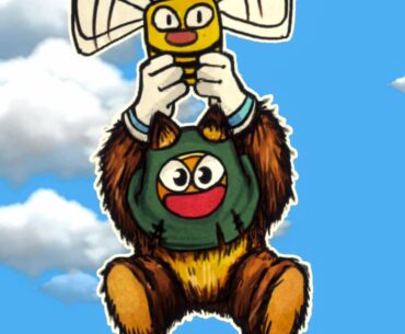 The protagonist flies through the air while holding onto a large bee.