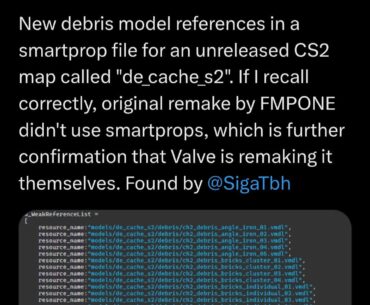 Valve likely remaking de_cache for CS2 from scratch. New smartprop debris model references found in "de_cache_s2" map file (original FMPONE remake didn’t use smartprops)