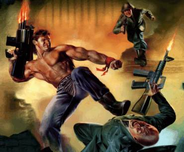 Wolfenstein 3D cover art showing shirtless BJ Blazkowicz firing gun in air kicking Nazi while another approaches.