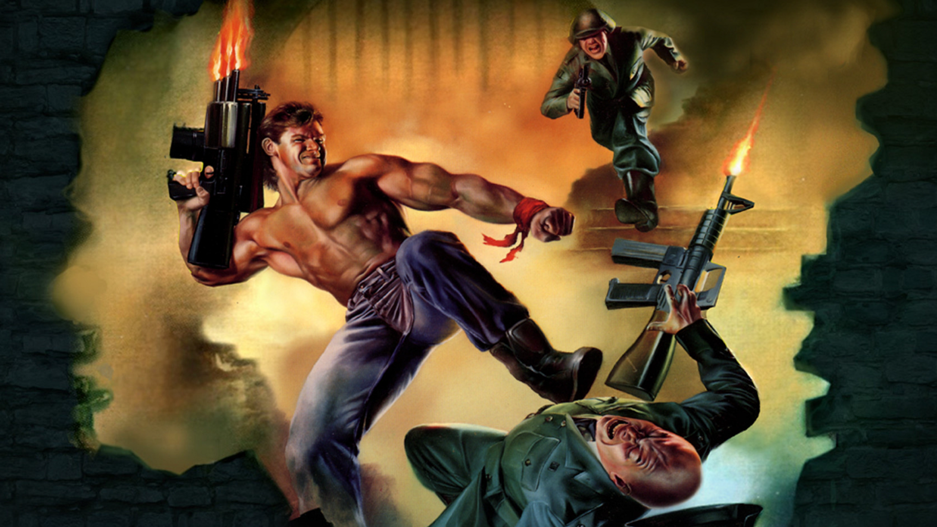 FPS legend John Romero says Wolfenstein 3D was the first game id Software took its time with—a luxurious 4-month development instead of just 2 Wolfenstein 3D cover art showing shirtless BJ Blazkowicz firing gun in air kicking Nazi while another approaches.