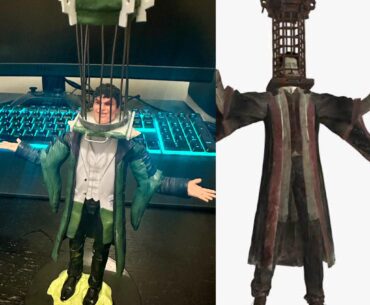 WIP Micolash custom figure from Bloodborne with reference image on the right, currently building/scupting the head cage before he’ll be ready to paint!