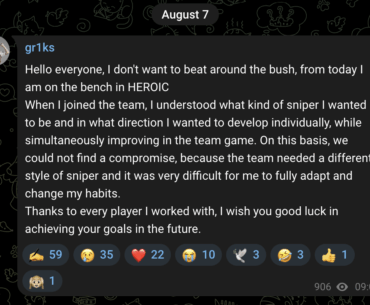gr1ks telegram post on why he was benched from Heroic