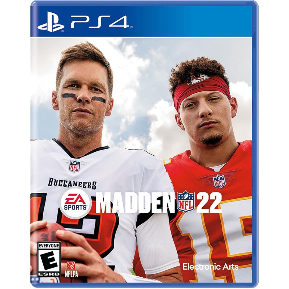 Madden NFL 22 PlayStation 4 game cover featuring Tom Brady and Patrick Mahomes.