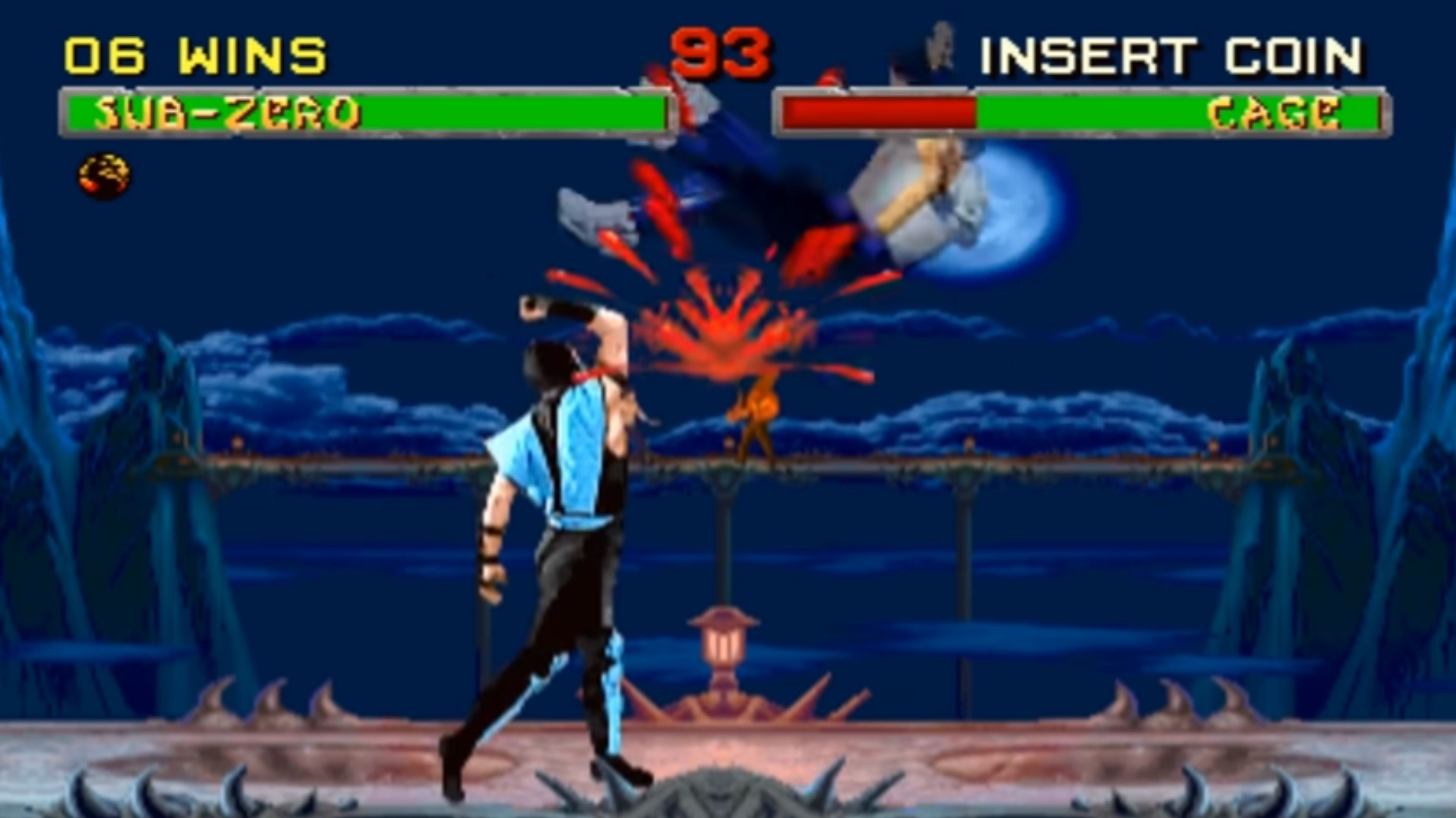 A screenshot of Sub-Zero and Johnny Cage fighting in Mortal Kombat 2
