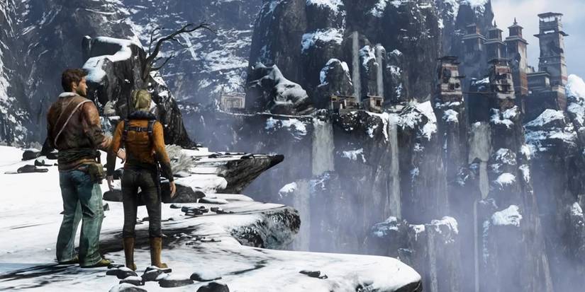 Nathan and Elena in the snowy mountains in Uncharted 2 Among Thieves