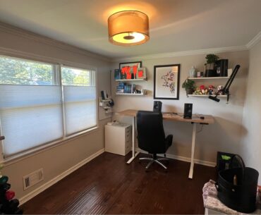 New desk was moved from empty side wall to my shelf wall because of bad light glare from the windows, especially when on camera. Desk might be even better in front of the window. Try it?