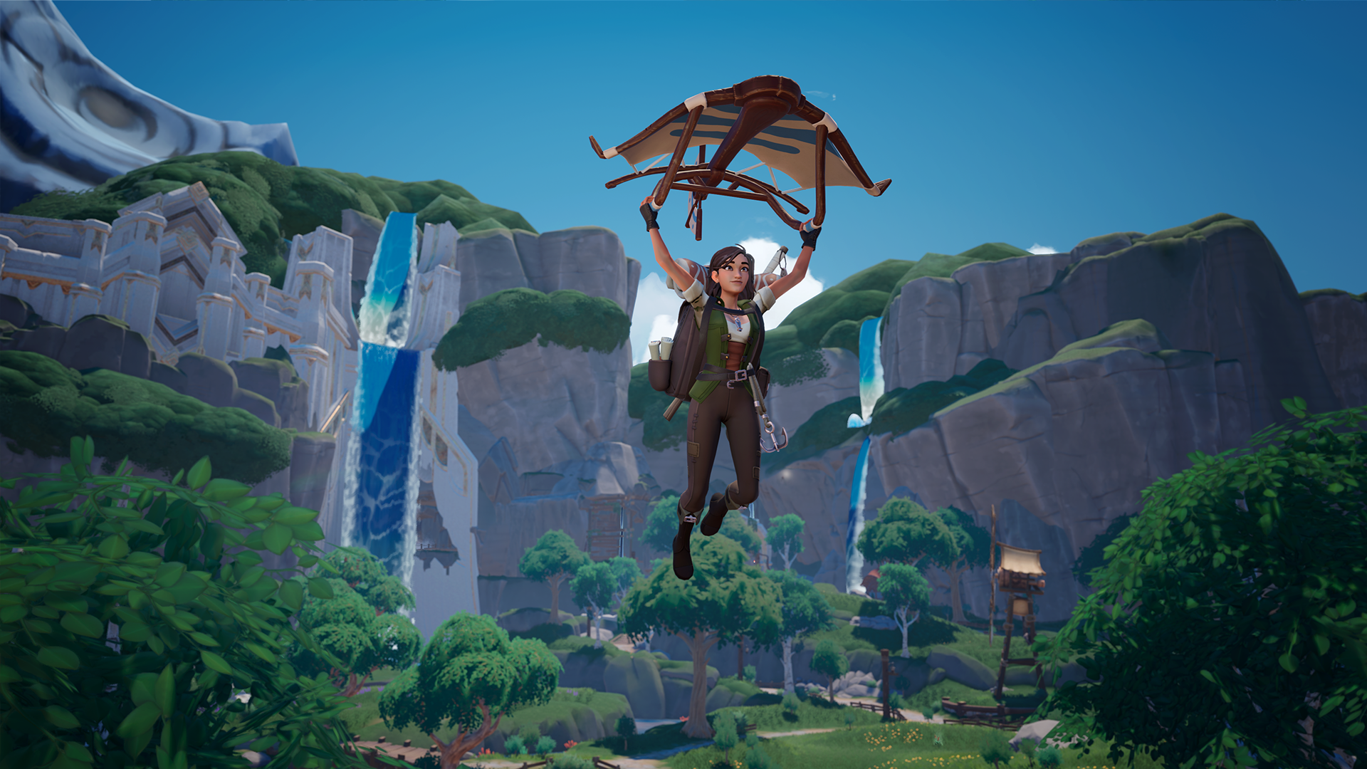Palia character soaring through the sky on a glider