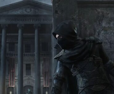 Goth Garrett sneaks around the side of a wall.