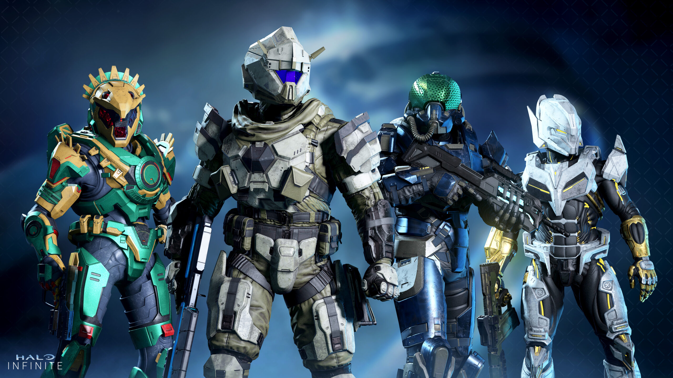 Four Spartans stand in a line wearing the Fire Serpent, Direwolf, Whisper, and Aristos armor sets.
