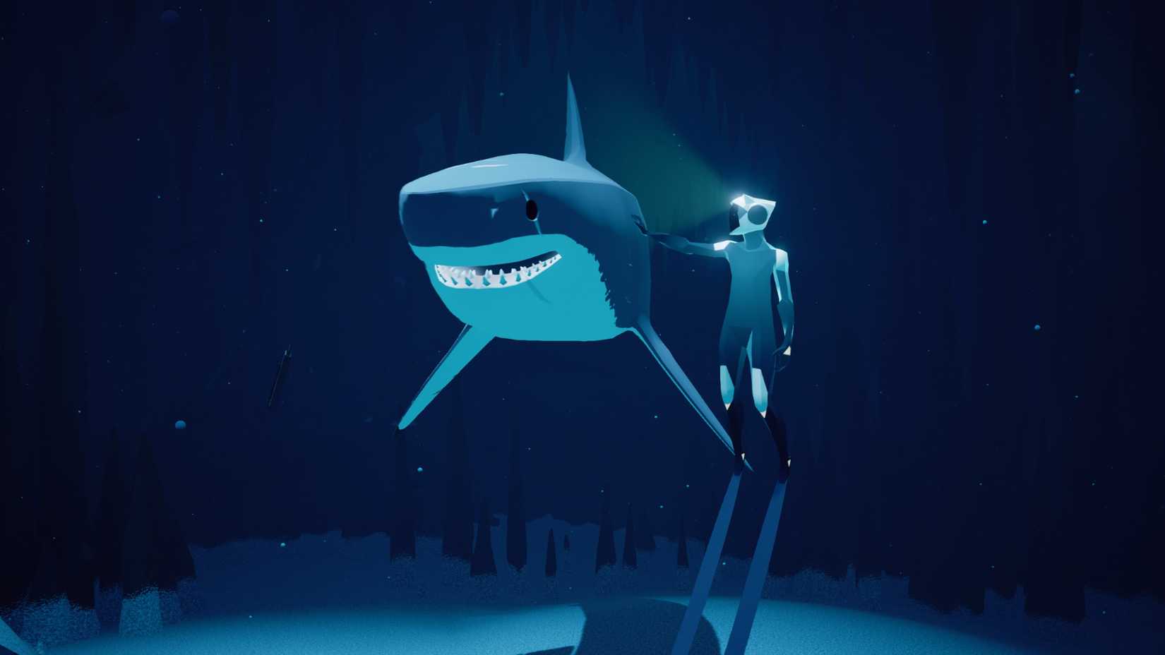 ABZÛ's diver pets a shark.