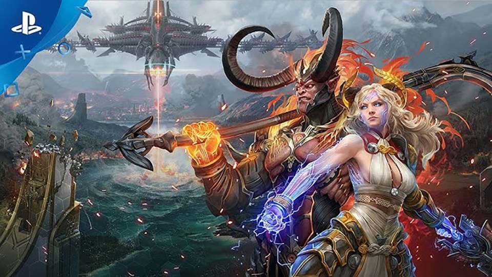 Skyforge game artwork featuring two characters and a large spaceship.