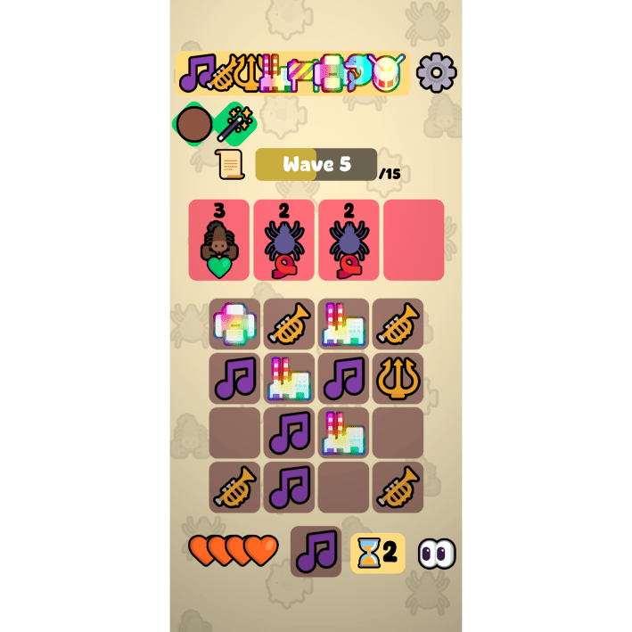 A screenshot from Merge Maestro. Trumpets, musical notes, factories, tridents and a printer are facing off against enemies.