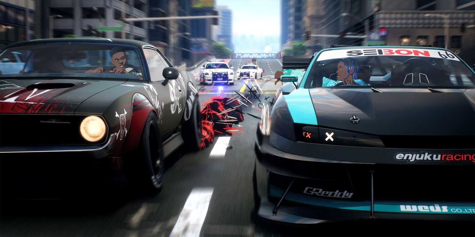 two racers in need for speed unbound facing while racing in their cars and effects shooting from their tires