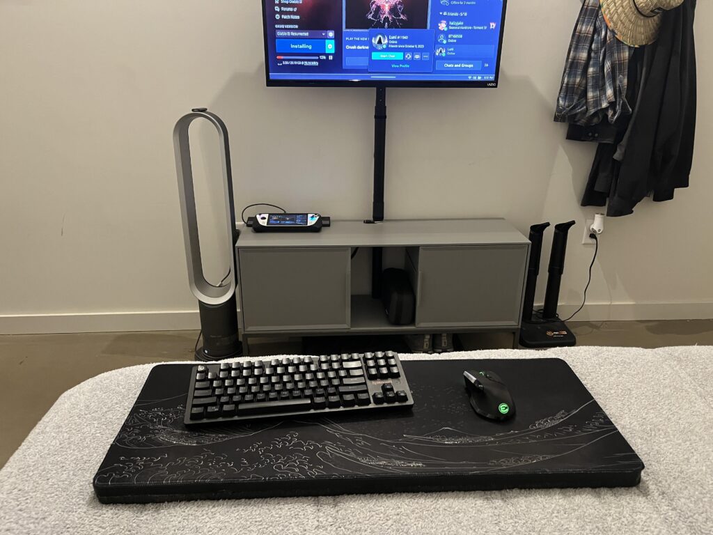 The “when I don’t feel like sitting in a computer chair at my main pc” gaming from bed setup.