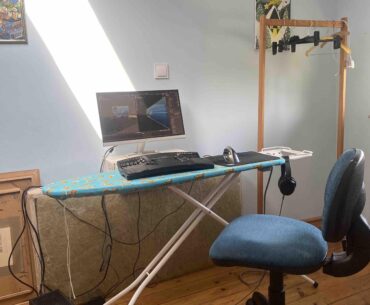 My blender render workstation! The ironing board conventiently doubles as a standing desk 😋