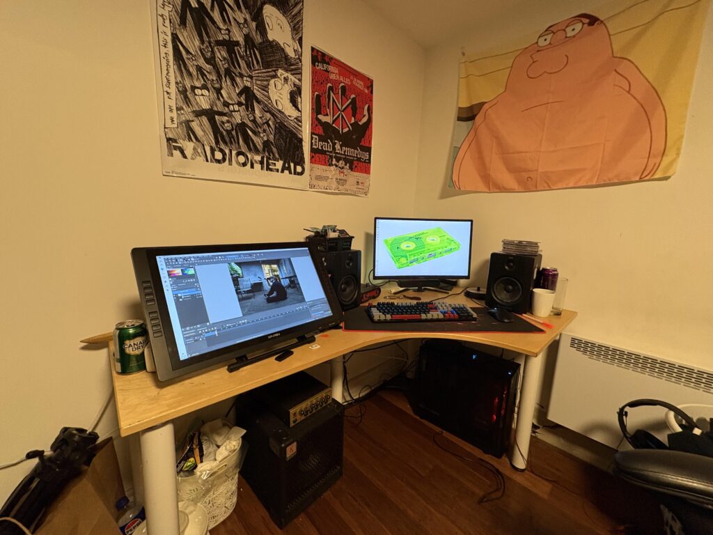 living in a somewhat cramped room in my dad's basement, 17 yo. Monitor on the left is a drawing monitor
