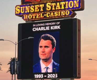 A sign at Sunset Station in Henderson, Nevada pays respect to Charlie Kirk on Sept. 10, 2025 (C ...