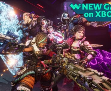 Borderlands 4 image with all four vault hunters, with text reading "New games on Xbox" in the upper-right corner