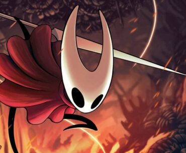 The main character of Hollow Knight Silksong jumps into a fiery light.