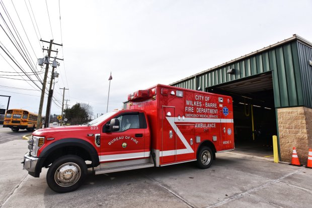 Ambulance 623, also known as Reserve Medic 5, sits in front of the Wilkes-Barre City Fire Department Hollenback Station on Jan. 5, 2022. Mayor George Brown wants to apply for a Local Shahe Account state grant to replace the ambulance, which has 97,435 miles on it, with a new one. LSA grants are currently the Cit's primary funding source for new ambulances. (CITIZENS' VOICE FILE)