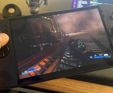 A Lenovo Legion Go S handheld with SteamOS in Nebula Nocturne colour scheme