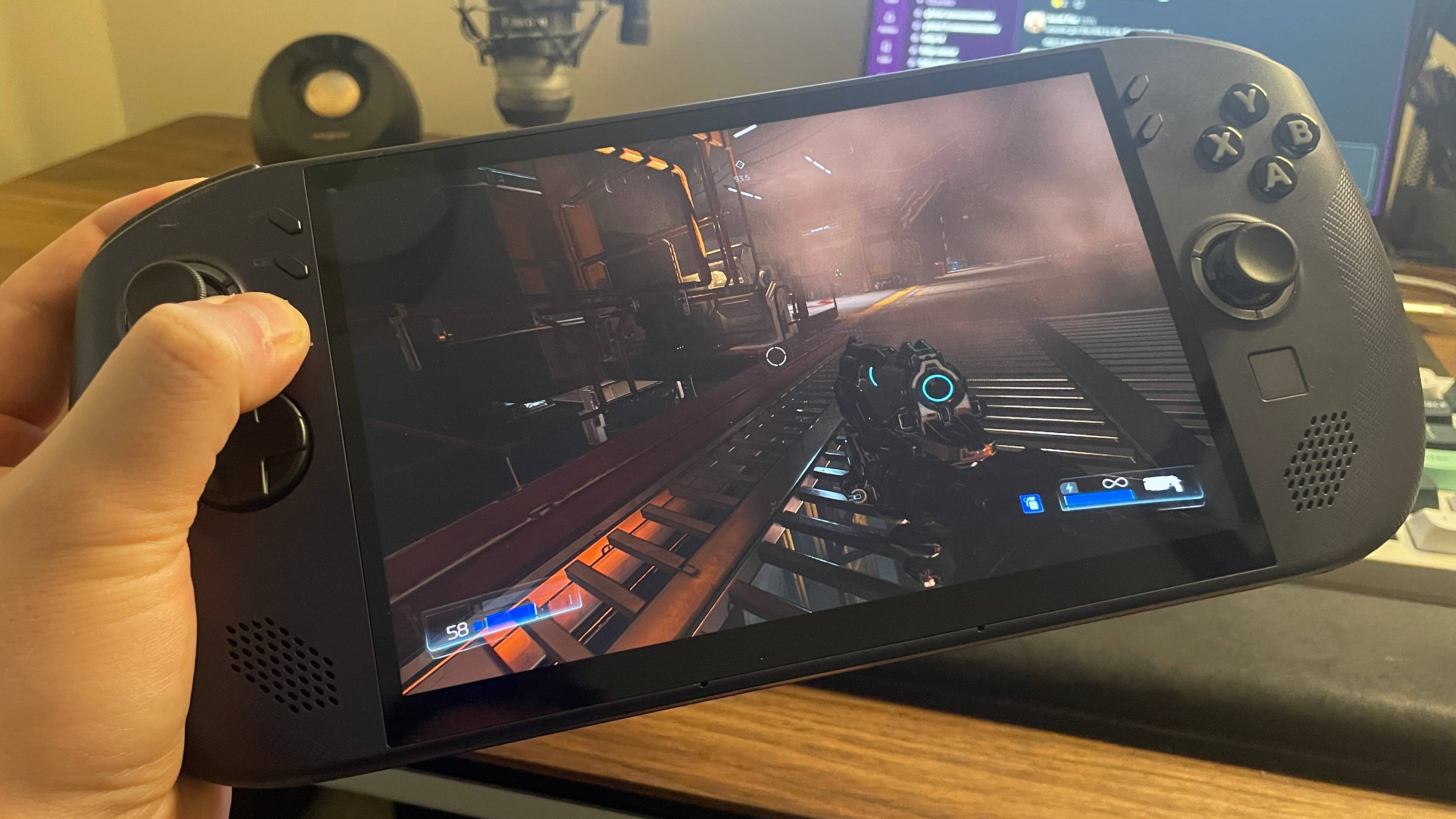 A Lenovo Legion Go S handheld with SteamOS in Nebula Nocturne colour scheme
