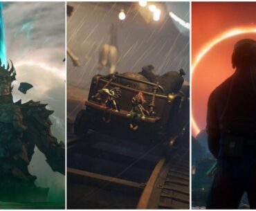 A monster boss from Painkiller looming over the player, the playable characters in Little Nightmares III sitting on the back of a large cart and the player character looking out over the eclipse in The Outer Worlds 2.