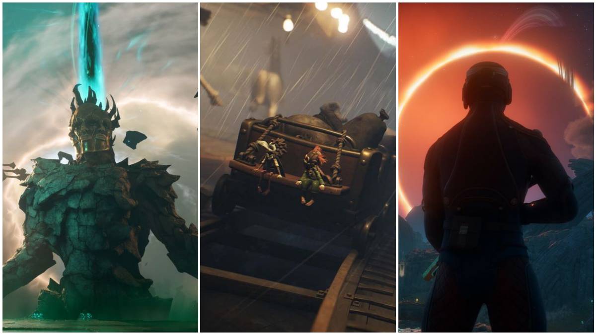 October’s Most Anticipated Video Games A monster boss from Painkiller looming over the player, the playable characters in Little Nightmares III sitting on the back of a large cart and the player character looking out over the eclipse in The Outer Worlds 2.