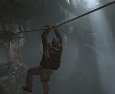 Indy gliding on a rope in Indiana Jones and the Great Circle The Order of Giants