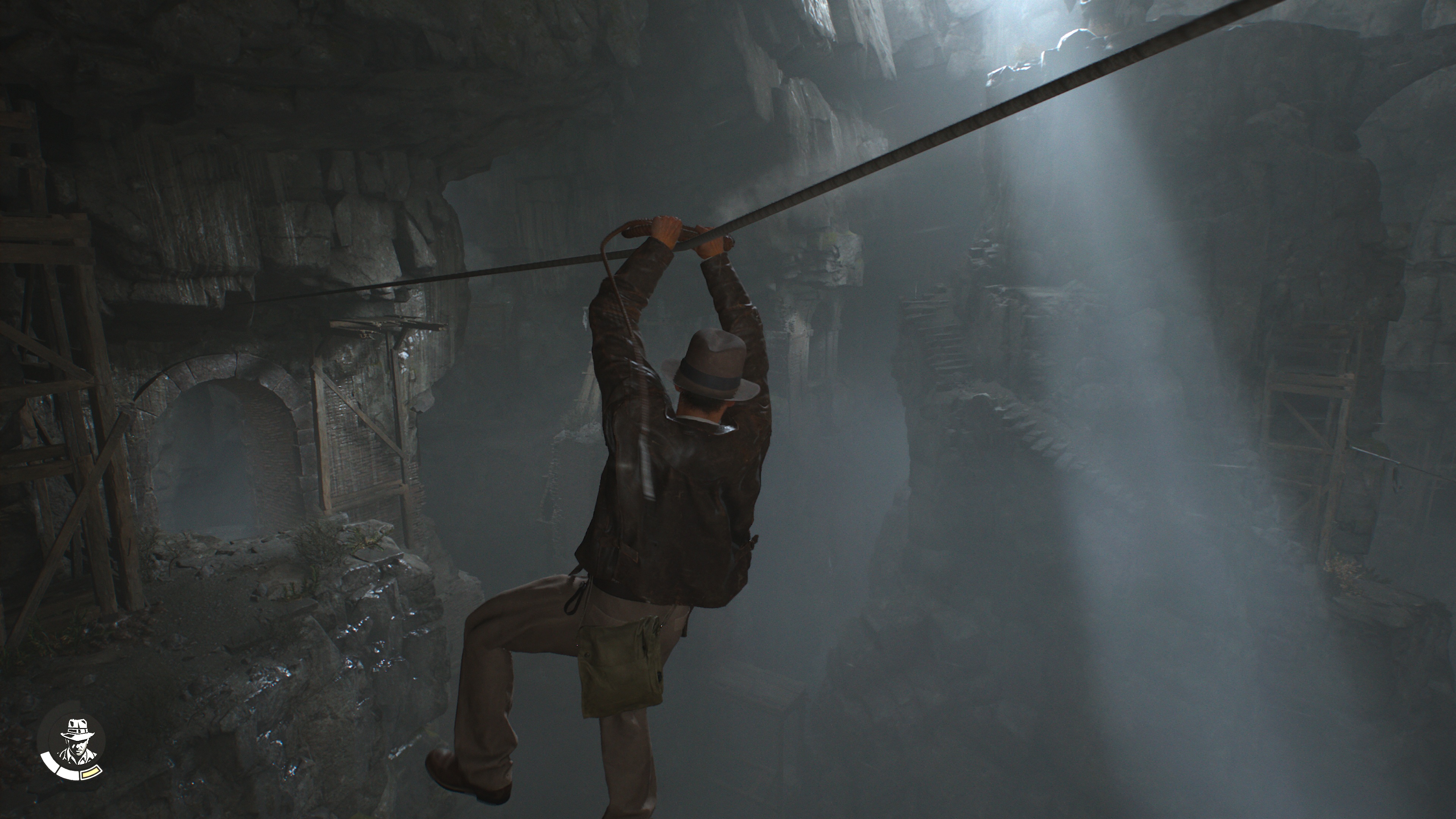 Indy gliding on a rope in Indiana Jones and the Great Circle The Order of Giants